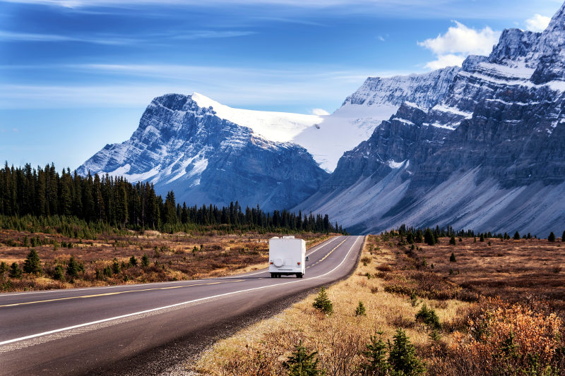 campervan driving along icefields parkway canada