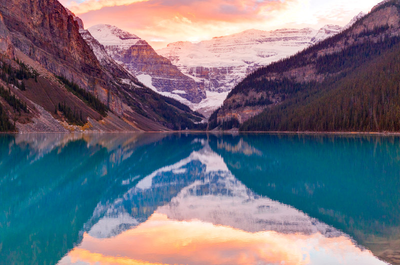 sunset at lake louise, rocky mountains