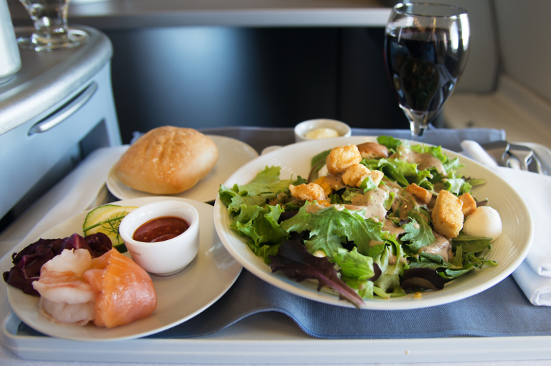 Dining first class on airplane