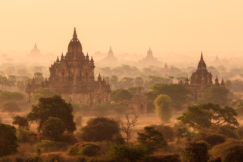 A misty morning in magical Bagan, temples peeking out of the fog