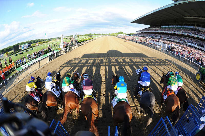 Horses charge out of gate at race course