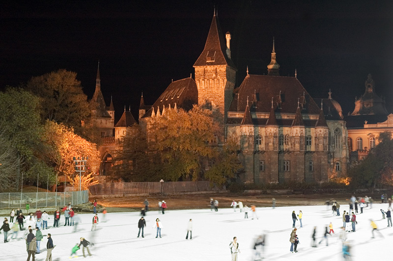 Winter outdoor ice skating in Budapest next to castle gardens