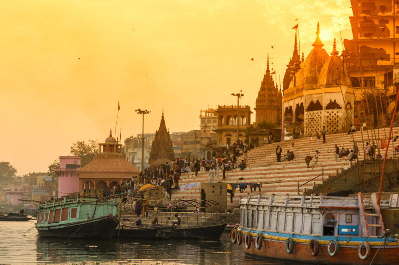 Ghats lead down to the shore of the River Ganges