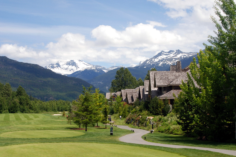 Golf course in Whistler with mountains in background