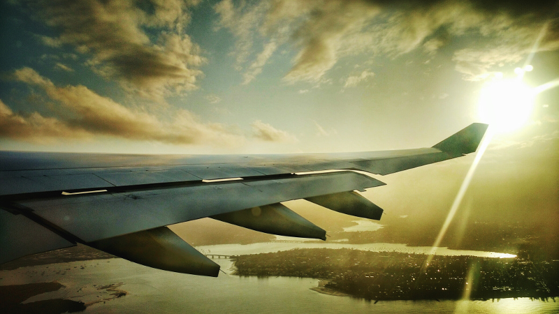 Plane flies over landscape in sunset