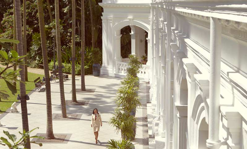 Sweeping white columns of Raffles Hotel Singapore