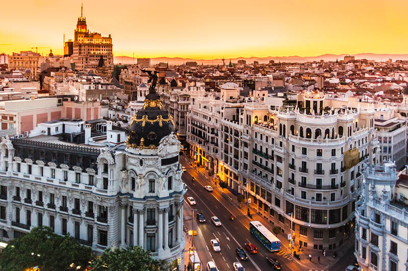 Panoramic aerial view of Gran Via, main shopping street in Madrid, capital of Spain, Europe