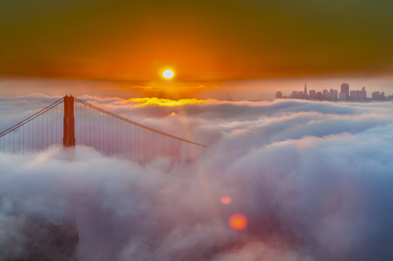 San Francisco skyline and Golden Gate Bridge at sunrise