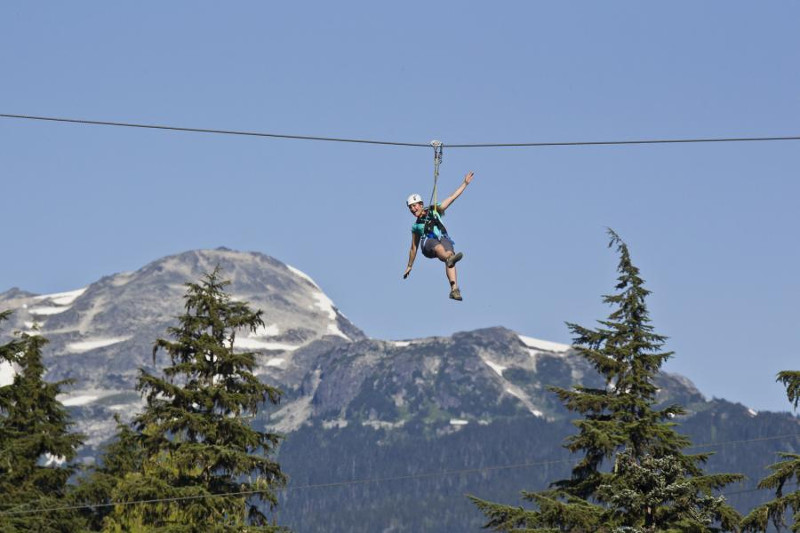 Woman on zip line with mountain in back ground