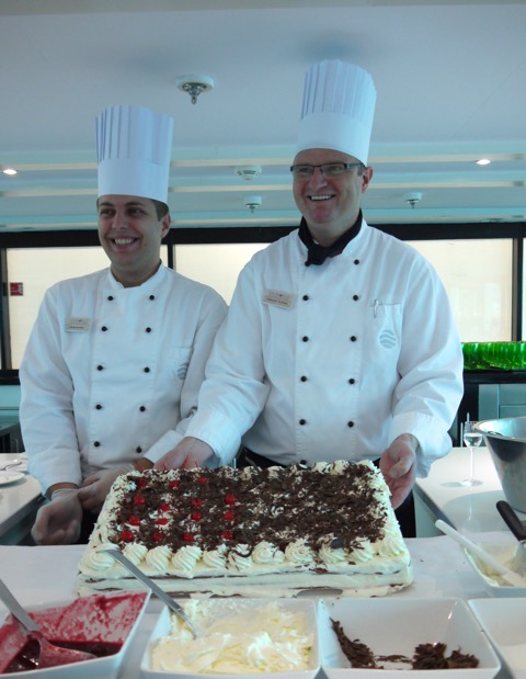 This image: The Chef and staff guide guests through making their own Black Forest cake, the day after SS Antoinette sailed past the Black Forest.