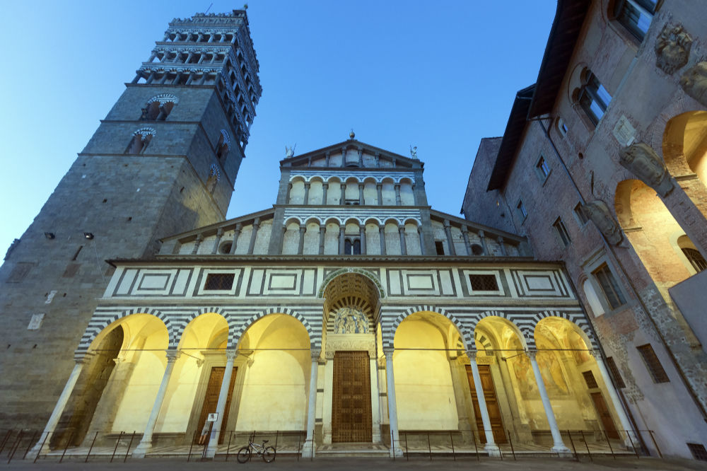 This image: Bell Tower and the Cathedral in Piazza Duomo, Pistoia, Tuscany.